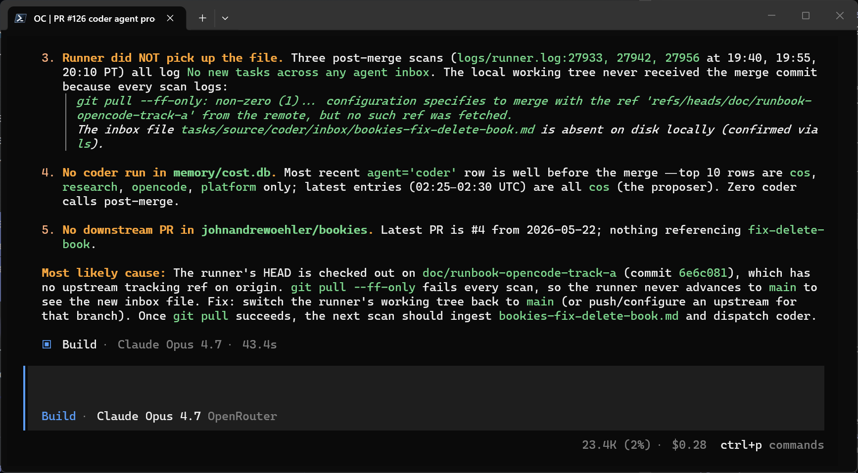 OpenCode's investigation summary: numbered findings showing the runner never picked up the merged task, with the most likely cause and fix.