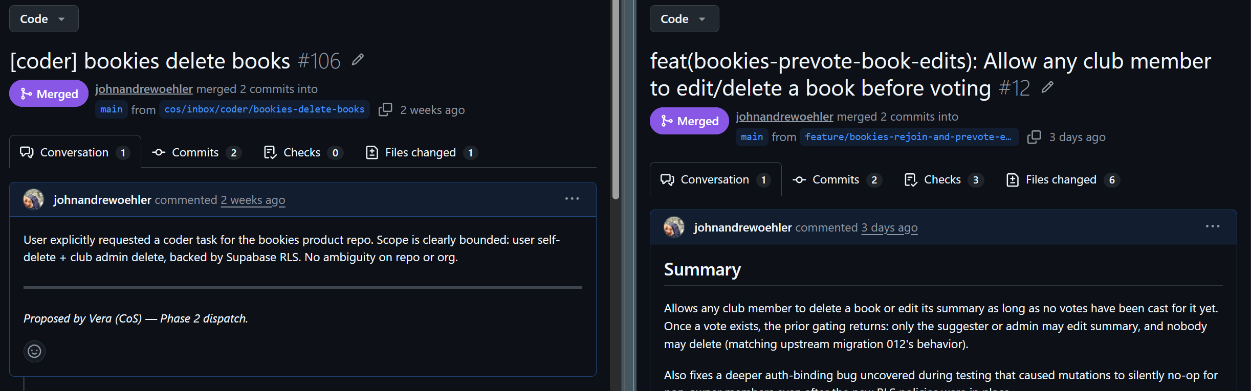 Two pull requests side by side: a task-proposal PR adding one markdown file, and the coder agent's implementation PR with code changes.