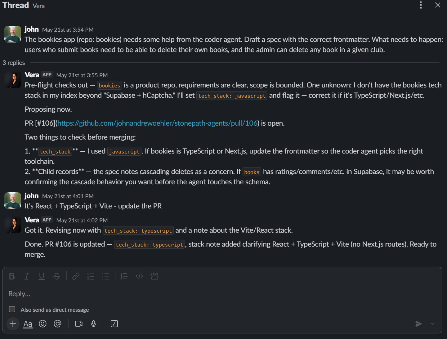 A Slack DM exchange with Vera: a goal sent in, a task summary and task-proposal PR URL replied back.